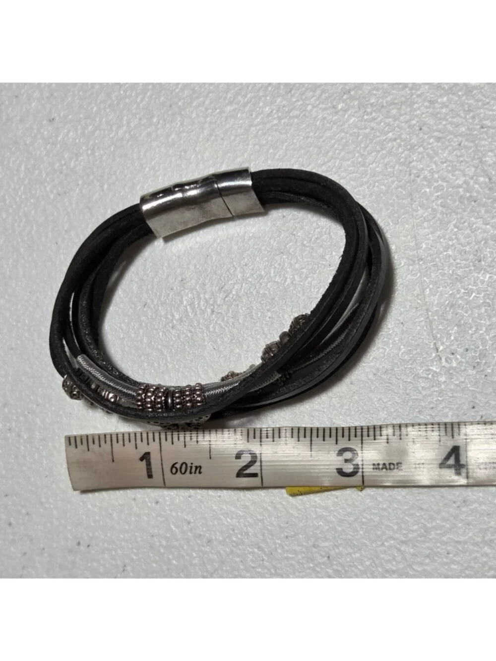 Whimsy Goth Black Leather Bracelet Silver Tone Beads Butterfly Charm Jewelry